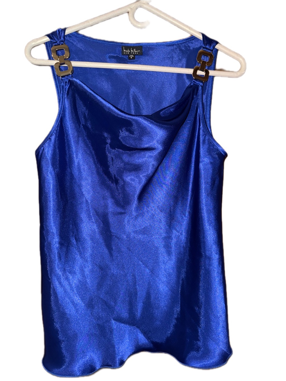 Nicole Miller Royal Blue Satin Tank Top with Gold Buckles